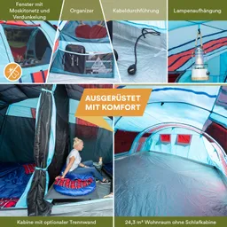 Zeltinneneinrichtung mit Fenstern, Organizer, Kabeldurchführung und Lampe. Platz für Schlafbereiche, Sitzecke sichtbar.