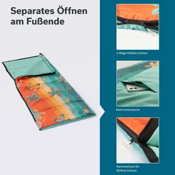 Schlafsack in bunten Farben mit Blumenmustern, geöffnet am oberen Ende. Details: 2-Wege-Reißverschluss, Klett-Innentasche.