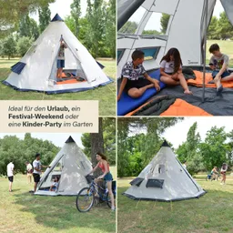 Zelt im Freien mit Kindern, die drinnen sitzen und spielen. Grüne Wiese und Bäume im Hintergrund. Kinder mit einem Fahrrad.