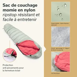 Schlafsack in Mumienform aus Nylon Ripstop in Olivgrün mit rotem Innenfutter. Details zur Wasserdichtigkeit und Füllung.