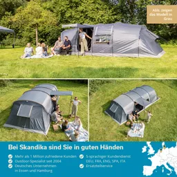 Zelt in Grautönen auf einer Wiese, umgeben von Menschen, die am Boden sitzen und sich unterhalten. Zusätzliche Zeltansichten in kleinen Bildern.