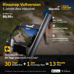 Werbung für Skandika. Vorne ein Bildschirm mit Trainingsvideos, im Hintergrund eine Outdoor-Szene. Informationen zu einem Abo und Bonusangebot.