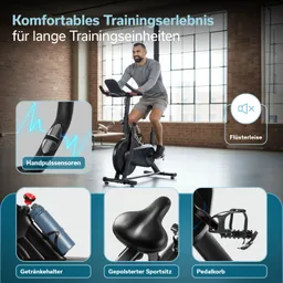 Fitnessbike mit Person, die darauf sitzt. Fenster im Hintergrund, bequemer Sitz, Handpulssensoren, Getränkehalter.