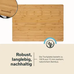 Bambustischplatte mit dem Logo „Skandika“ und Beschreibung zu Haltbarkeit und Nachhaltigkeit.