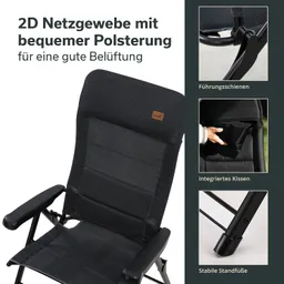 Schwarzer Stuhl mit Netzgewebe und ergonomischer Polsterung, abgebildet mit Detailansichten der Funktionen.