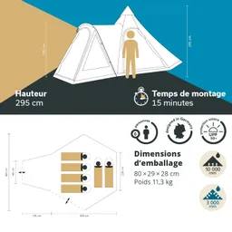 Zelt mit einer Höhe von 295 cm und Platz für bis zu 6 Personen. Montagedauer: 15 Minuten. Abmessungen im Packmaß: 80 × 29 × 28 cm.