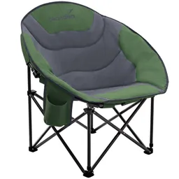 Faltstuhl mit ovaler Sitzfläche in Grau und Grün. Gestell aus schwarzem Metall, seitliche Tasche vorhanden.