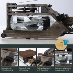 Wassertank-Rudergerät aus Holz mit transparentem Wasserbehälter. Ergonomischer Sitz, Fußstützen mit Klettverschluss, Widerstand einstellbar.