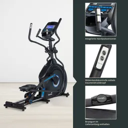Ein Ellipsentrainer mit einem blauen und schwarzen Design steht auf einem hellen Boden. Der Bildschirm zeigt verschiedene Trainingsdaten. Daneben sind Produktmerkmale wie integrierte Handpulssensoren, Widerstandskontrolle und ein Brustgurt abgebildet.