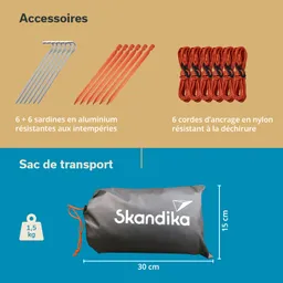 Zubehör: 6 Aluminiumheringe, 6 orangefarbene Heringe, 6 reißfeste Nylonleine. Transporttasche mit Abmessungen.