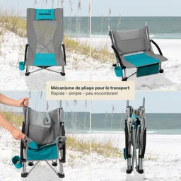 Faltstuhl in Grau und Blau auf einem Sandstrand. In der oberen Ecke sind verschiedene Ansichten des Stuhls und Hinweise zur Handhabung sichtbar.