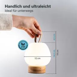Eine handgehaltene, tragbare Lampe mit einem runden, weißen Lampenschirm und einem Holzfuß. Maße und Gewicht sind angegeben.