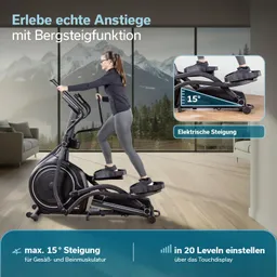 Eine Person trainiert auf einem Ellipsentrainer in einem modernen Raum mit großen Fenstern und Berglandschaft im Hintergrund.