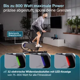Person trainiert auf einem Heimtrainer in einem modern eingerichteten Raum mit Pflanzen und einem Fernseher im Hintergrund.