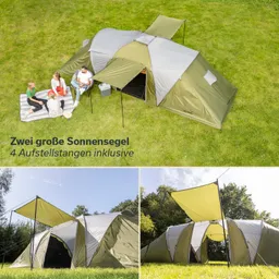 Zelt mit zwei großen Sonnensegeln auf einer Wiese, umgeben von Gras. Drei Personen sitzen auf einer Decke.