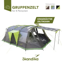 Gruppenzelt für 4 Personen in Grau mit grünen Akzenten, inklusive integrierten Zeltboden, und offenem Eingangsbereich.
