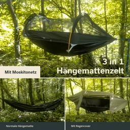 Hängemattenzelt in einem Wald, mit Moskitonetz oben. Unten zwei Varianten: normale Hängematte und Hängematte mit Regencover.