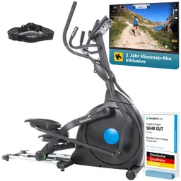 Crosstrainer in Schwarz mit Display, Pulsgurt, einem Jahr Kinomap-Abo und Zertifikat für gute Qualität.