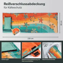 Bunte Schlafsackabdeckung in Orange und Grün mit Blumenmuster, Maßstab und Waschhinweis. Kälteschutz und Reißverschlussabdeckung sind sichtbar.