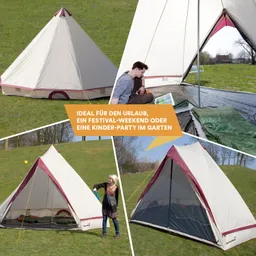 Pyramidenzelt auf einer Wiese, mit Innenansicht und zwei Personen, die am Zelt sitzen und spielen.