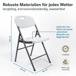 Faltstuhl in Weiß mit grauem Gestell. Maße: 83 cm hoch, 59 cm breit, 46 cm tief. Wetterbeständige Materialien hervorgehoben.