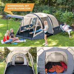 Zelt mit Sonnensegel und mehreren Sitzbereichen. Zwei Personen sitzen auf einer Decke, eine Person steht und spielt. Innenbereich mit Schlafplatz.
