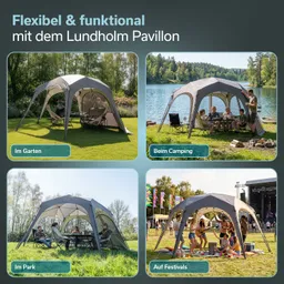 Pavillon in verschiedenen Umgebungen: Garten, Campingplatz, Park und Festival. Jede Szene zeigt eine Gruppe von Personen, die den Pavillon nutzen.