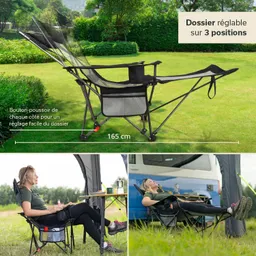 Faltstuhl mit verstellbarem Rückenlehne in einem grünen Garten. Im Bild sind auch Details zum Produkt und eine Person beim Sitzen.
