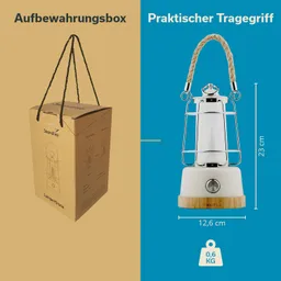 Aufbewahrungsbox aus Karton links, rechts eine Lampe mit praktischem Tragegriff und Maßangaben.