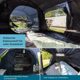 Schwarz-graue Innenansicht eines Zeltes mit zwei Eingängen. Luftmatratze und Campingmöbel sind sichtbar.
