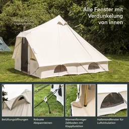 Zelt mit weißen Wänden im Freien, umgeben von Bäumen. Fenster und Moskitonetz am Eingang sichtbar. Informationen zu Belüftung und Materialien.