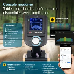 Moderne Konsole mit LCD-Bildschirm für ein Rudergerät. Zeigt Daten zu Zeit, Puls, Distanz und Kalorienverbrauch an.