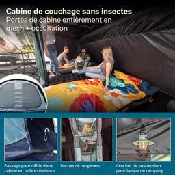 Campingzelt mit Mesh-Türen, in dem vier Personen auf Schlafmatten sitzen. Bunte Bettwäsche mit Blumenmuster. Zusätzliche Details unten: Kabeldurchgang, Aufbewahrungstaschen und Haken für Campinglampe.