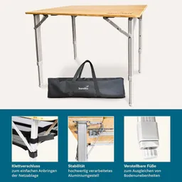 Klappbarer Tisch mit Holzplatte und Aluminiumgestell, kombiniert mit einer Tragetasche. Hinweise zu Klettverschluss, Stabilität und verstellbaren Füßen.