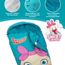 Schlafsack in Türkis mit einem großen, cartoonhaften Gesicht und pinkem Haarband. Textdetails zu Materialeigenschaften sind sichtbar.