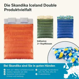 Drei Schlafsäcke in verschiedenen Farben (orange, grün, blau) mit je zwei Kopfkissen. Textinformationen im unteren Bereich.