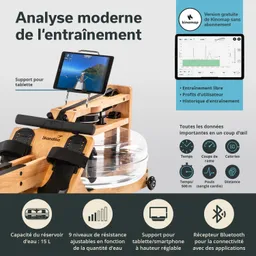 Wassertretgerät aus Holz mit einem transparenter Wassertank, halter für ein Tablet und mehreren Anzeigen für Trainingsdaten.