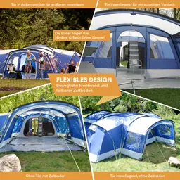 Zelte in verschiedenen Designs und Positionen, umgeben von Natur, mit abnehmbaren Zeltböden und beweglicher Frontwand.