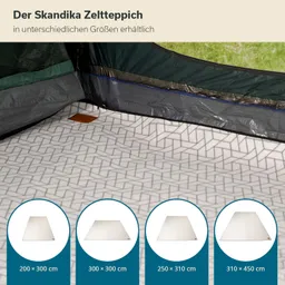 Zeltteppich mit geometrischem Muster im Innenraum eines Zeltes, umgeben von Zeltwänden. Größenangaben darunter.