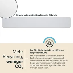 Matte, strukturierte Oberfläche in Offwhite mit zwei abgerundeten Kanten und einem Text über Recycling und Umweltschutz.