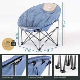 Faltstuhl in blauer Farbe, mit gepolsterter Sitzfläche und schwarzem Gestell. Maße: 81 cm hoch, 51 cm breit, 40 cm Sitzhöhe. Gewicht 4,3 kg.