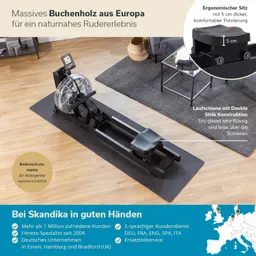Rudergerät aus massivem Buchenholz mit ergonomischem Sitz und Bodenschutzmatte, umgeben von moderner Wohnatmosphäre.