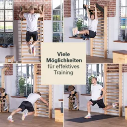 Sportliche Übungen in einem lichtdurchfluteten Raum mit Klettergerüst und Trainingsgeräten. Verschiedene Trainingspositionen.