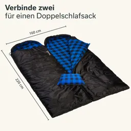 Schwarzer Schlafsack mit blau-karierter Innenseite, ausgelegt mit einem Kissen, Maßangaben: 160 cm x 220 cm.