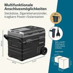 Tragbare Kühlbox mit mehreren Anschlüssen (Steckdose, Zigarettenanzünder) und einem Volumen von 45 Litern. Maße: 71 x 46 x 50,5 cm.