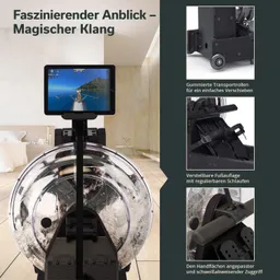 Rudergerät mit transparentem Wassertank, verstellbarer Fußauflage und Tablet-Halterung in modernem Raum.