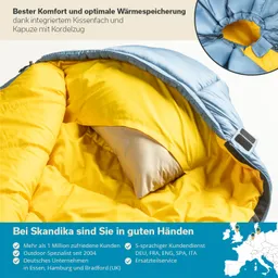 Schlafsack mit blauer Außenseite und gelber Innenseite. Sichtbar sind ein Kissenfach und eine Kapuze mit Kordelzug.