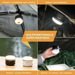 Vier verschiedene Anwendungen einer multifunktionalen Lampe sind gezeigt. Oben links hängt sie an einem Zelthaken. Oben rechts ist sie magnetisch befestigt. Unten links stehen zwei Lampen auf einer Oberfläche.