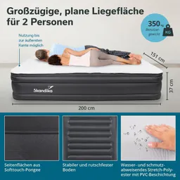 Luftmatratze für zwei Personen mit einer Liegefläche von 200 x 151 cm und einer Höhe von 37 cm. Details zu Materialien und Eigenschaften.