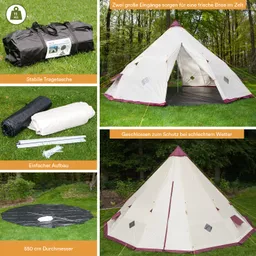 Zelt in natürlicher Umgebung mit zwei Eingängen, Tragetasche, Aufbauzubehör und Fußbodenplan. Gesamtmaß: 550 cm Durchmesser.